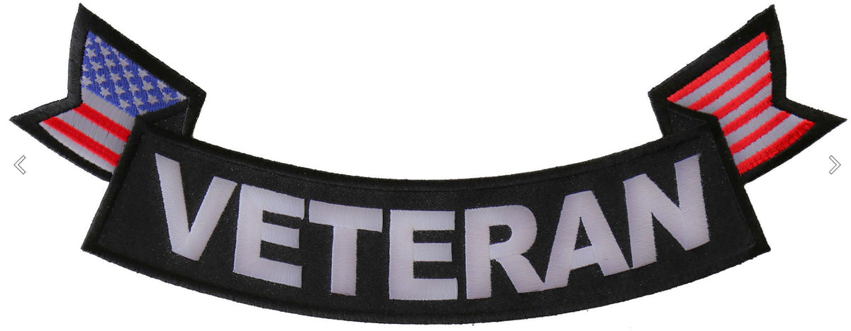 Veteran Bottom Rocker patch with flag design, 11x4 inches, from THE CHEAP PLACE, featuring patriotic military-themed artwork.