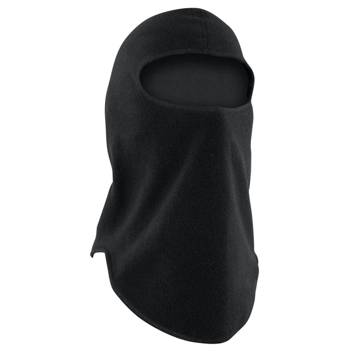 Black fleece balaclava by Balboa MFG, designed for face, neck, and safety protection, shown covering the head and neck.