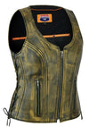 Beige women's distressed leather motorcycle vest with open neck and side laces by Buffalo Leather Gear.