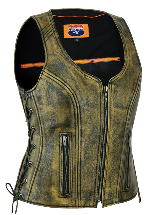 Beige women's distressed leather motorcycle vest with open neck and side laces by Buffalo Leather Gear.