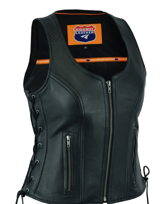 Buffalo Leather Gear women's black open neck motorcycle leather vest with side laces, featuring a stylish and fitted design.