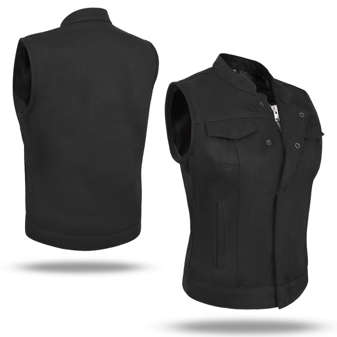 Black women's denim motorcycle club vest by Buffalo Leather Gear, featuring classic styling and metal button details.