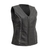 Black women's studded leather motorcycle vest with side stretch panels by Buffalo Leather Gear, featuring metal stud details.
