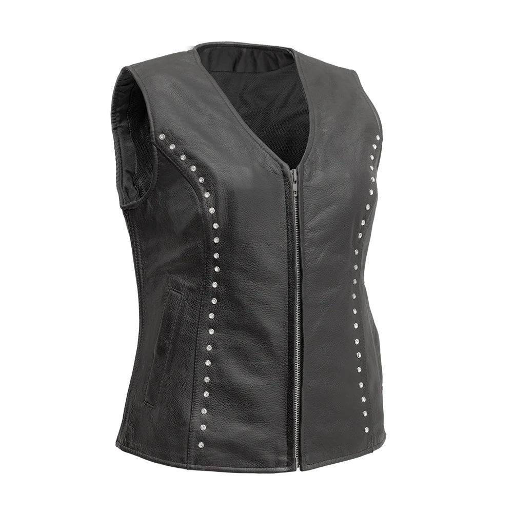 Black women's studded leather motorcycle vest with side stretch panels by Buffalo Leather Gear, featuring metal stud details.