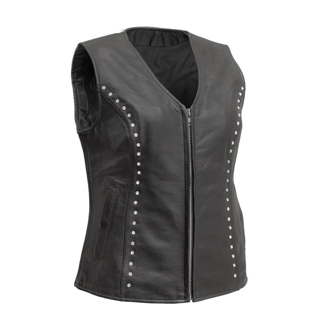 Black women's studded leather motorcycle vest with side stretch panels by Buffalo Leather Gear, featuring metal stud details.