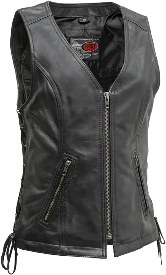 Black women's motorcycle leather vest with front zipper and side lace details, made from lamb leather by Buffalo Leather Gear.