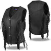 Women's black leather fringe motorcycle vest with side laces, front and back view