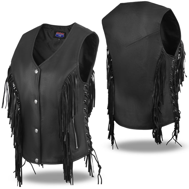 Women's black leather fringe motorcycle vest with side laces, front and back view