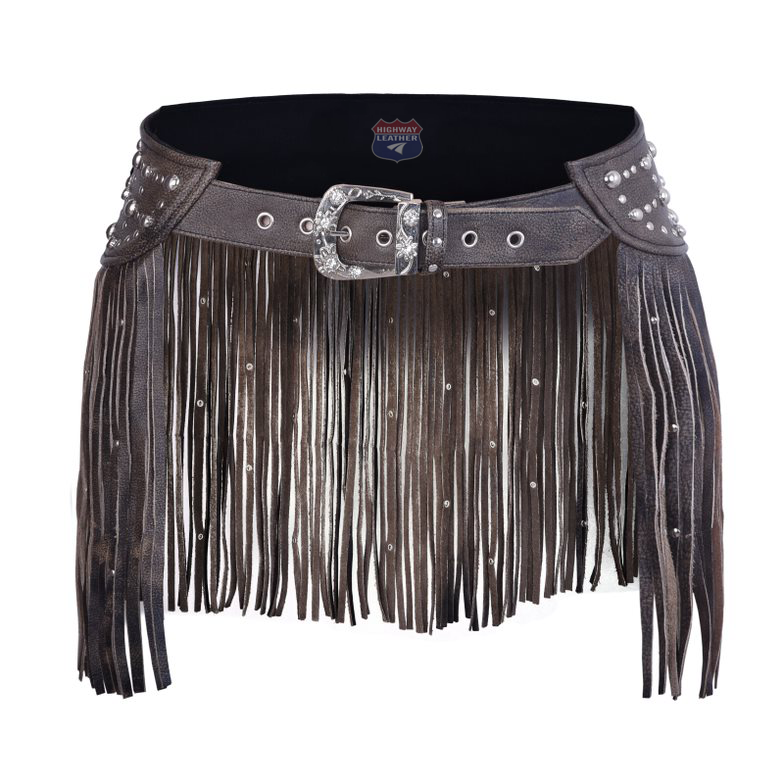 BROWN HL90260BROWN Stud Leather Women Tassel Hip Belt for  display picture 2