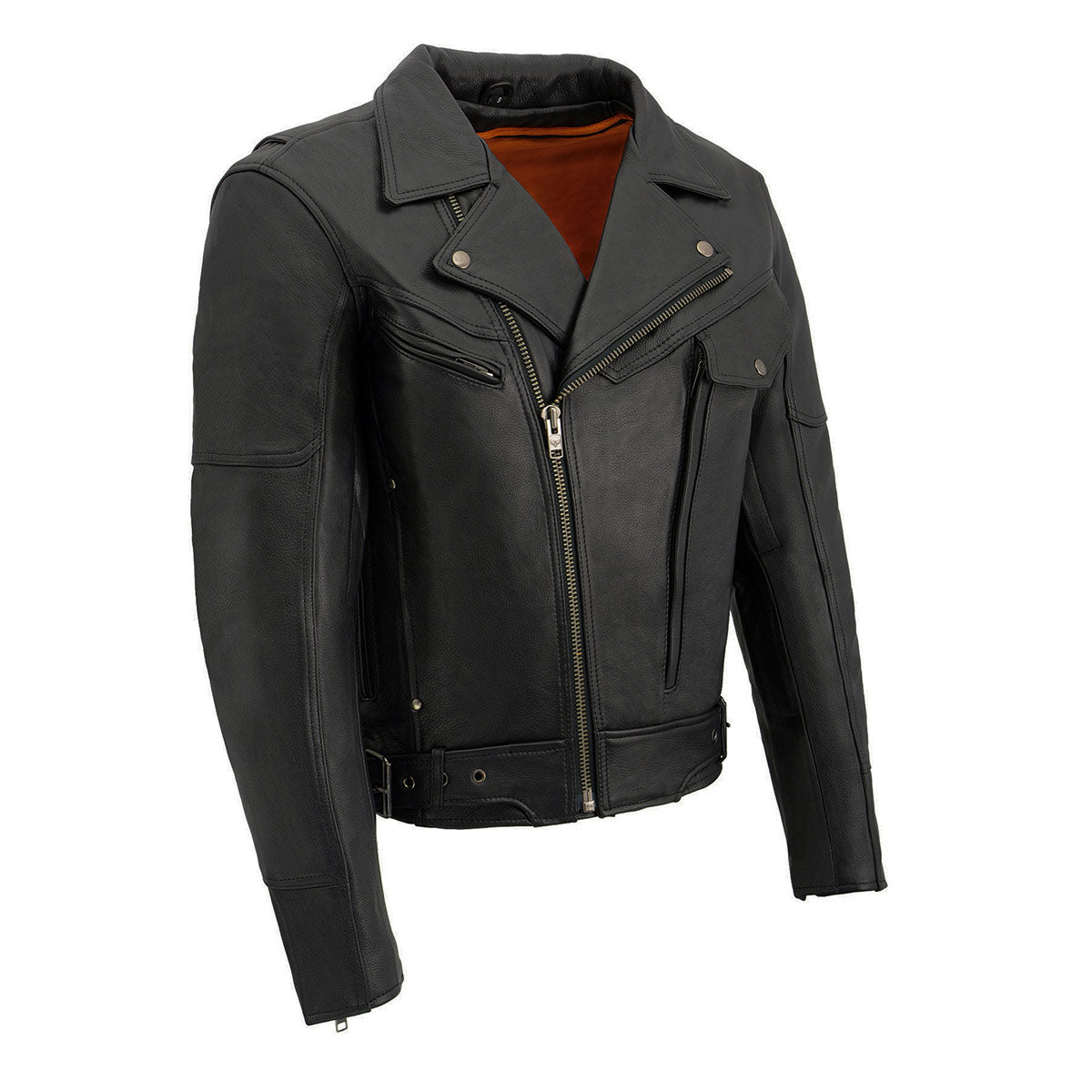 Milwaukee Leather men's black naked cowhide leather motorcycle jacket with utility pockets, designed for rugged riding comfort.