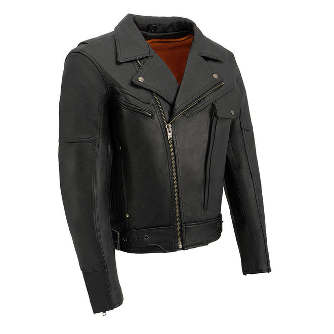 Milwaukee Leather men's black naked cowhide leather motorcycle jacket with utility pockets, designed for rugged riding comfort.