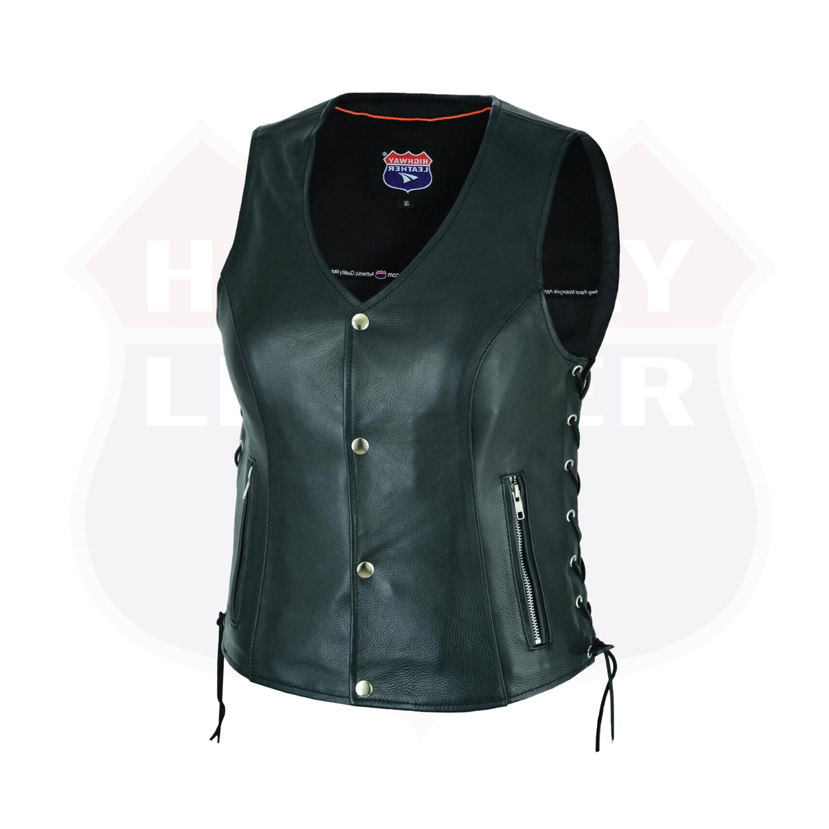 Black women's leather motorcycle vest with lace-up sides, featuring Buffalo Leather Gear branding and a stylish, fitted design.