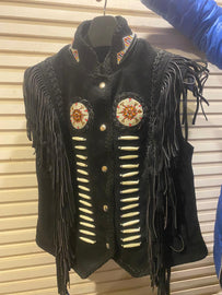 HL11593 BLACK Ladies indian style vests with fringes - HighwayLeather