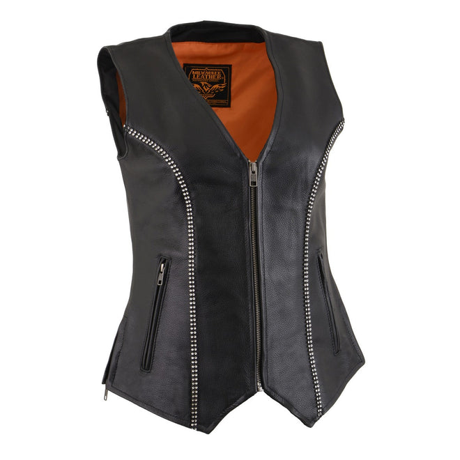 Milwaukee Leather women's black leather motorcycle rider vest with V-neck and rhinestone bling detail, showcasing stylish design.