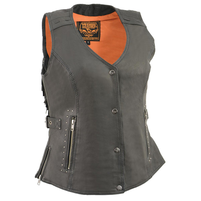 Black women's leather motorcycle vest with fringe, rivet details, side buckle, and zipper closure by Milwaukee Leather