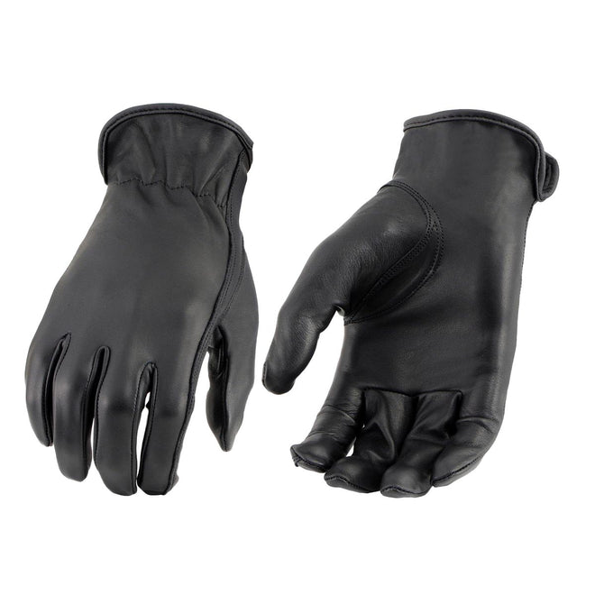Black women's Milwaukee Leather Cool-Tec leather riding gloves with cinch wrist detail, designed for riding comfort and style.