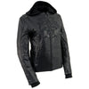 Women's black leather hoodie jacket with 3/4 length sleeves and reflective tribal design by Milwaukee Leather.