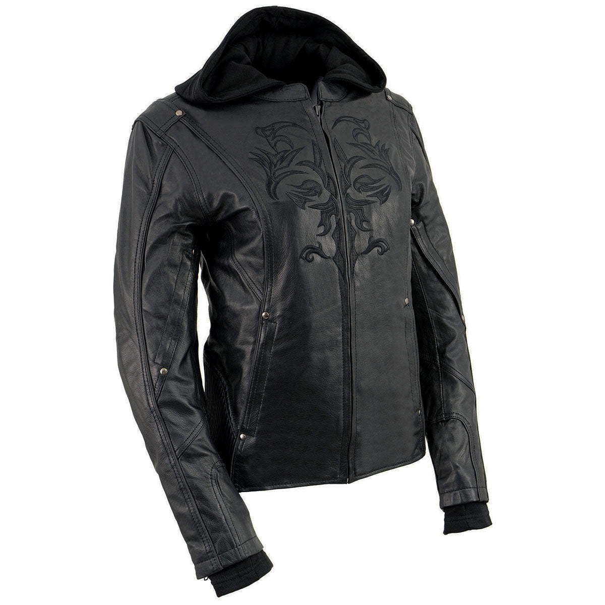 Women's black leather hoodie jacket with 3/4 length sleeves and reflective tribal design by Milwaukee Leather.