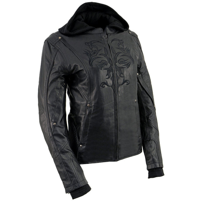Women's black leather hoodie jacket with 3/4 length sleeves and reflective tribal design by Milwaukee Leather.