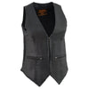 Milwaukee Leather women's black naked leather motorcycle rider vest with stretch side panels and front zipper closure.