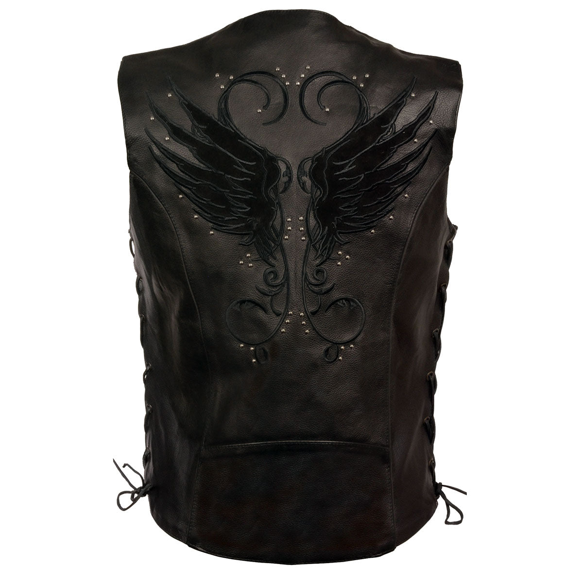 Women's black leather motorcycle rider vest by Milwaukee Leather with side laces, reflective accents, studded wings, and a sleek design.