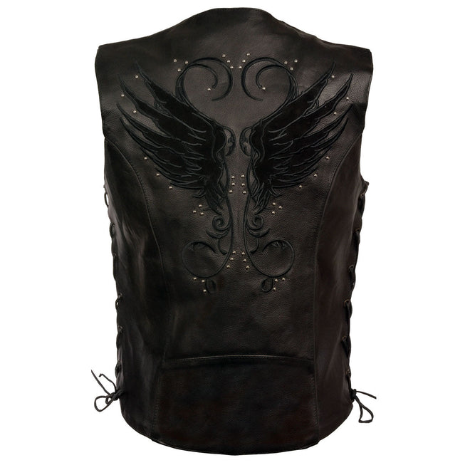 Women's black leather motorcycle rider vest by Milwaukee Leather with side laces, reflective accents, studded wings, and a sleek design.