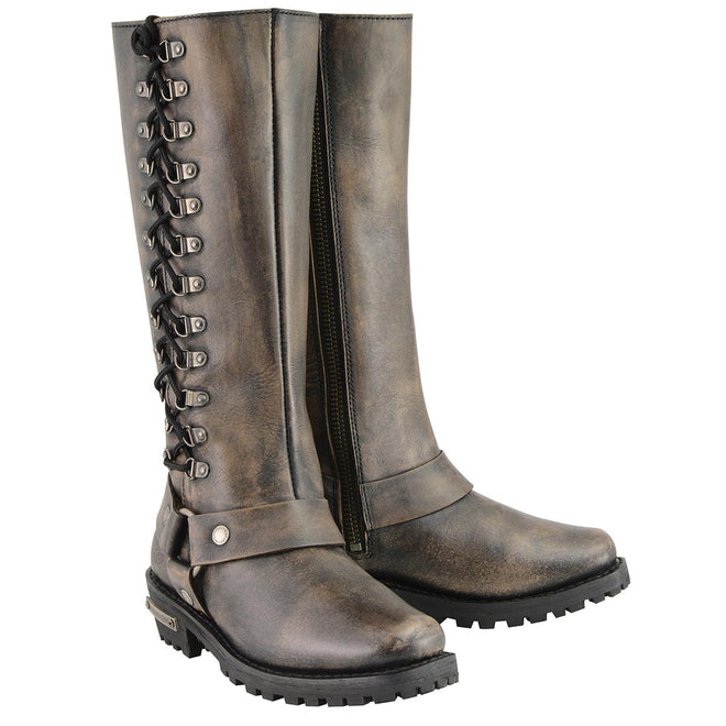 Women's distressed brown leather harness square toe boots by Milwaukee Leather, 14-inch classic harness style.