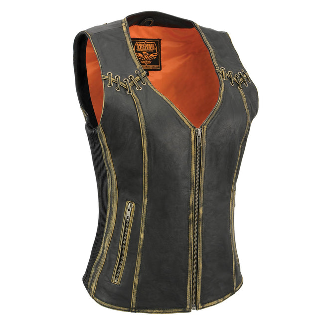 Women’s brown leather motorcycle rider vest by Milwaukee Leather with distressed finish, stretch side panels, and lacing detail.