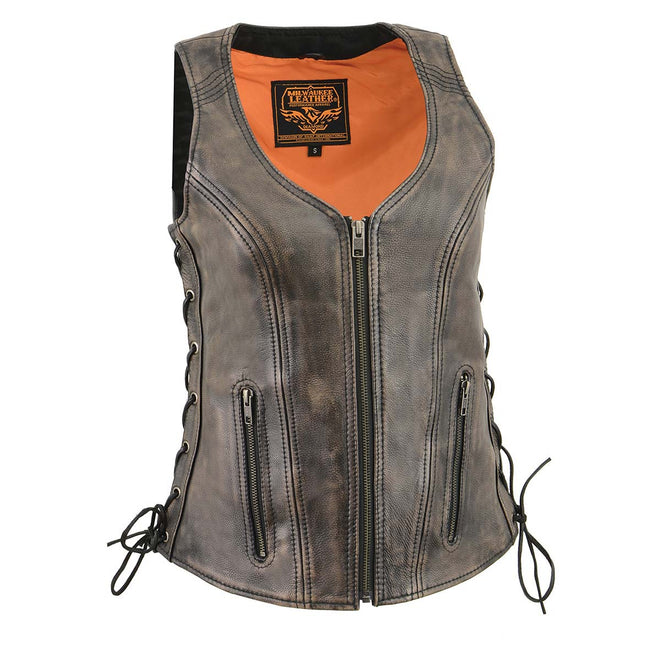 Brown women's Milwaukee Leather distress motorcycle vest with open V-neck, side lace stitching, and rugged leather design.