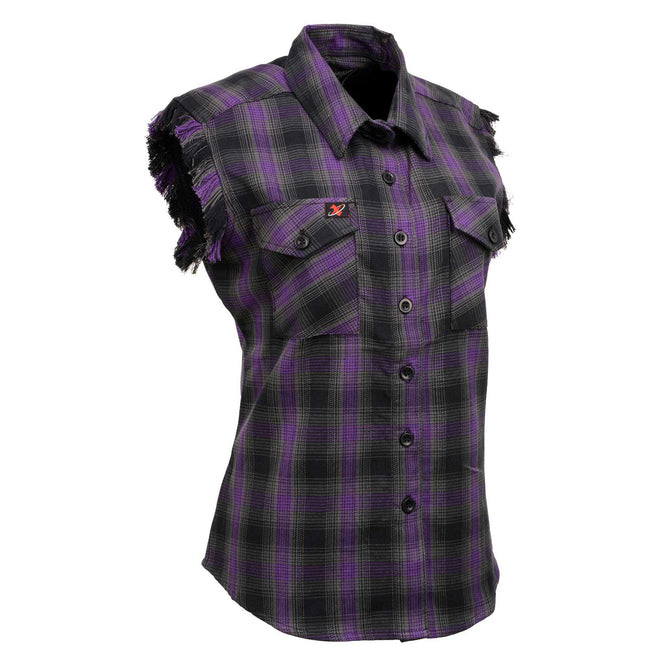 Milwaukee Leather women's sleeveless flannel button-down shirt in black and purple with frill arm detailing.