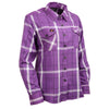 Milwaukee Leather women's casual long sleeve cotton flannel shirt in purple and white, featuring a relaxed fit and soft fabric.