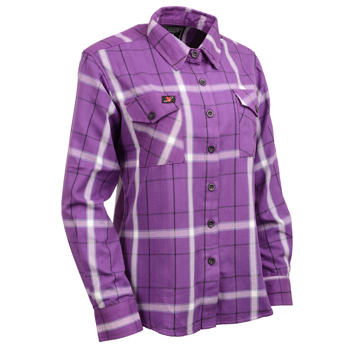 Milwaukee Leather women's casual long sleeve cotton flannel shirt in purple and white, featuring a relaxed fit and soft fabric.