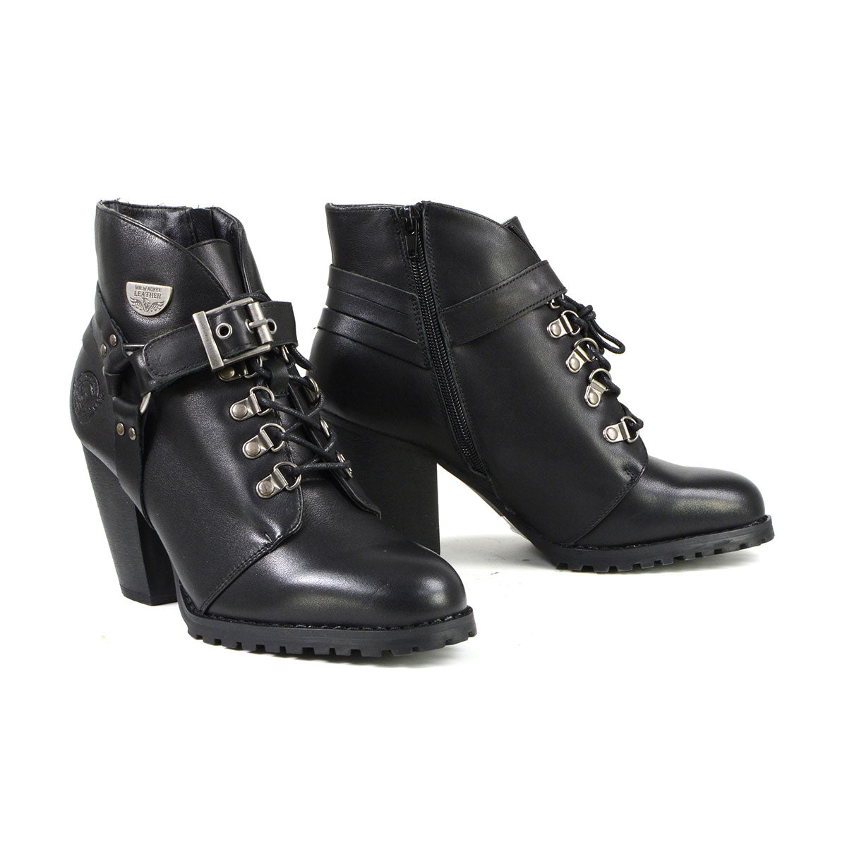Milwaukee Leather women's black leather boots with a classic harness ring, stylish ankle boots with buckle details and sturdy sole.