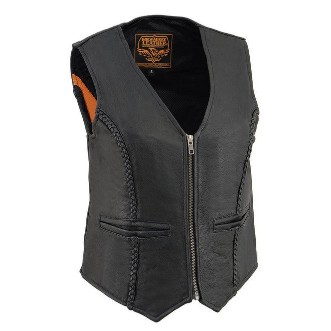 Milwaukee Leather women's black naked leather biker vest with braided details, deep V-neck, and front zipper for motorcycle riding.