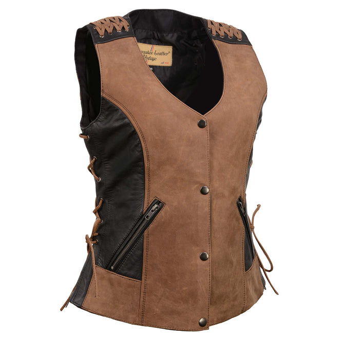 Milwaukee Leather women's vintage two-tone Crazy Horse brown and black leather motorcycle vest with a classic club style design.