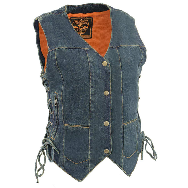 Milwaukee Leather women's blue denim vest with six pockets and side laces, featuring classic casual style and durable denim fabric.