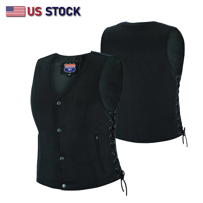Buffalo Leather Gear women's denim motorcycle vest with side lace details and two inside ammo pockets.