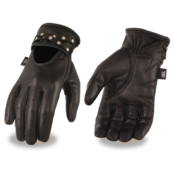 Milwaukee Leather women's black leather driving gloves with gel palms, designed for comfortable grip and stylish driving.