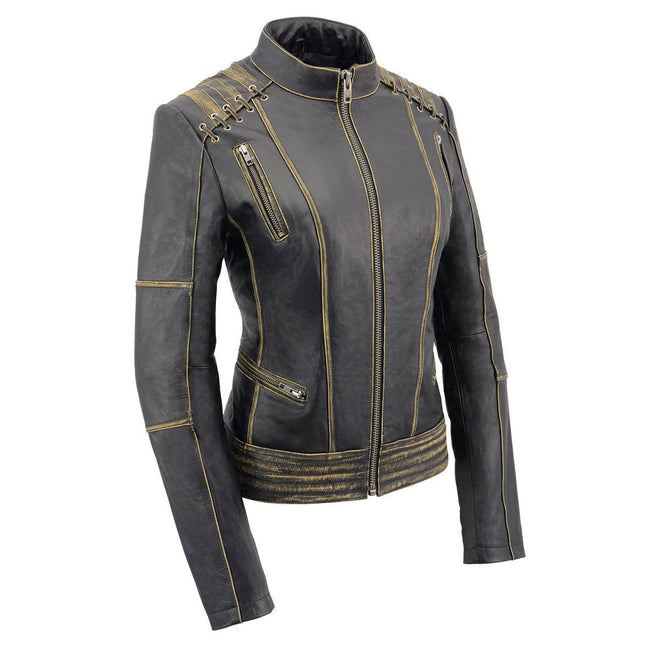 Milwaukee Leather women's distressed brown leather jacket with elegant design and laced details, stylish women’s jacket for fashion.