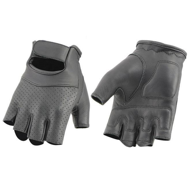 Milwaukee Leather women's black leather perforated fingerless gloves with gel palms for comfort and style.