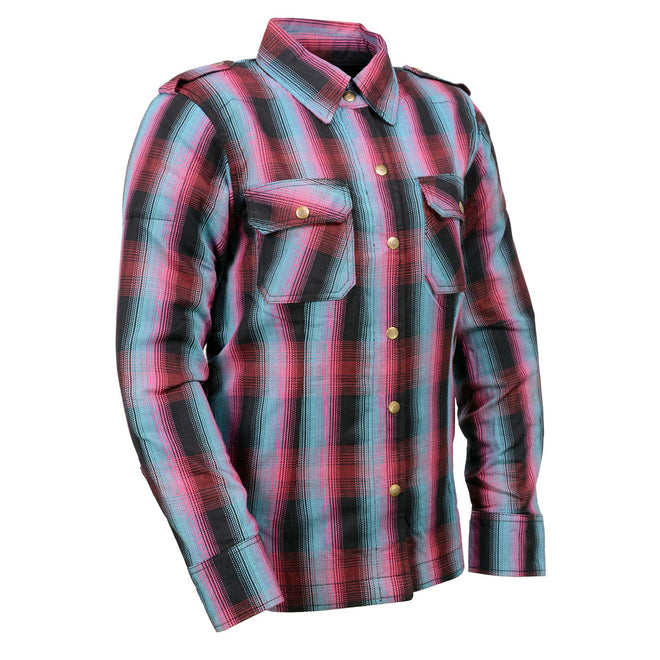 Milwaukee Leather women’s plaid flannel biker shirt with CE-approved armor and reinforced aramid fiber for protection.