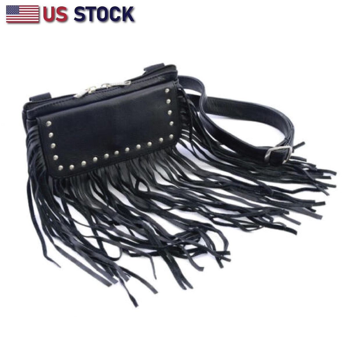 Black leather fringe hip bag with studded flap and adjustable strap