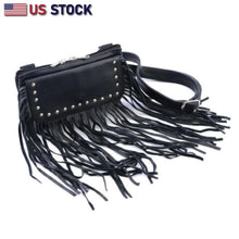Black leather fringe hip bag with studded flap and adjustable strap