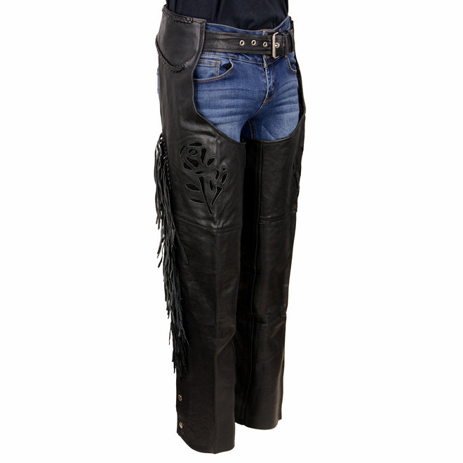 Milwaukee Leather women's black leather motorcycle chaps with braided and fringed design, black rose embroidery, and detailed craftsmanship.