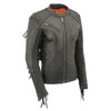 Black women's lightweight leather racer motorcycle jacket with fringed details, designed by Milwaukee Leather for stylish riding.