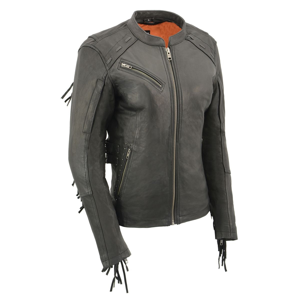 Black women's lightweight leather racer motorcycle jacket with fringed details, designed by Milwaukee Leather for stylish riding.