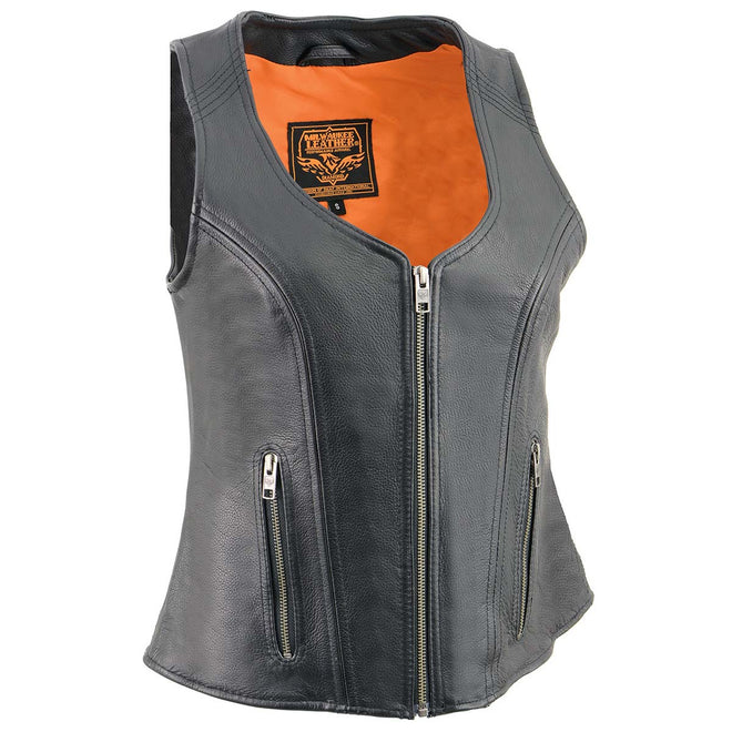 Milwaukee Leather women's black open neck motorcycle vest with front zipper and stitching detail, designed for riding comfort.