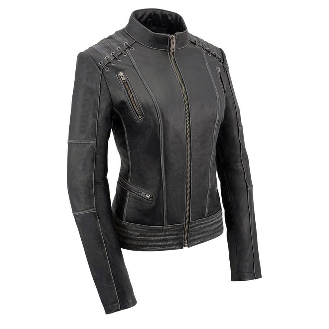 Gray distressed leather women's jacket with laced details from Milwaukee Leather, stylish and elegant women's jacket.