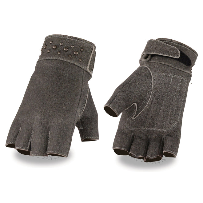 Milwaukee Leather women's grey leather gel palm fingerless motorcycle gloves with stylish wrist detailing.