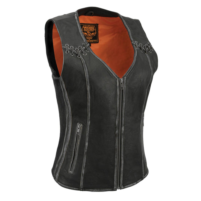 Women’s grey leather motorcycle rider vest by Milwaukee Leather with distress finish, stretch side panels, and lacing detail.